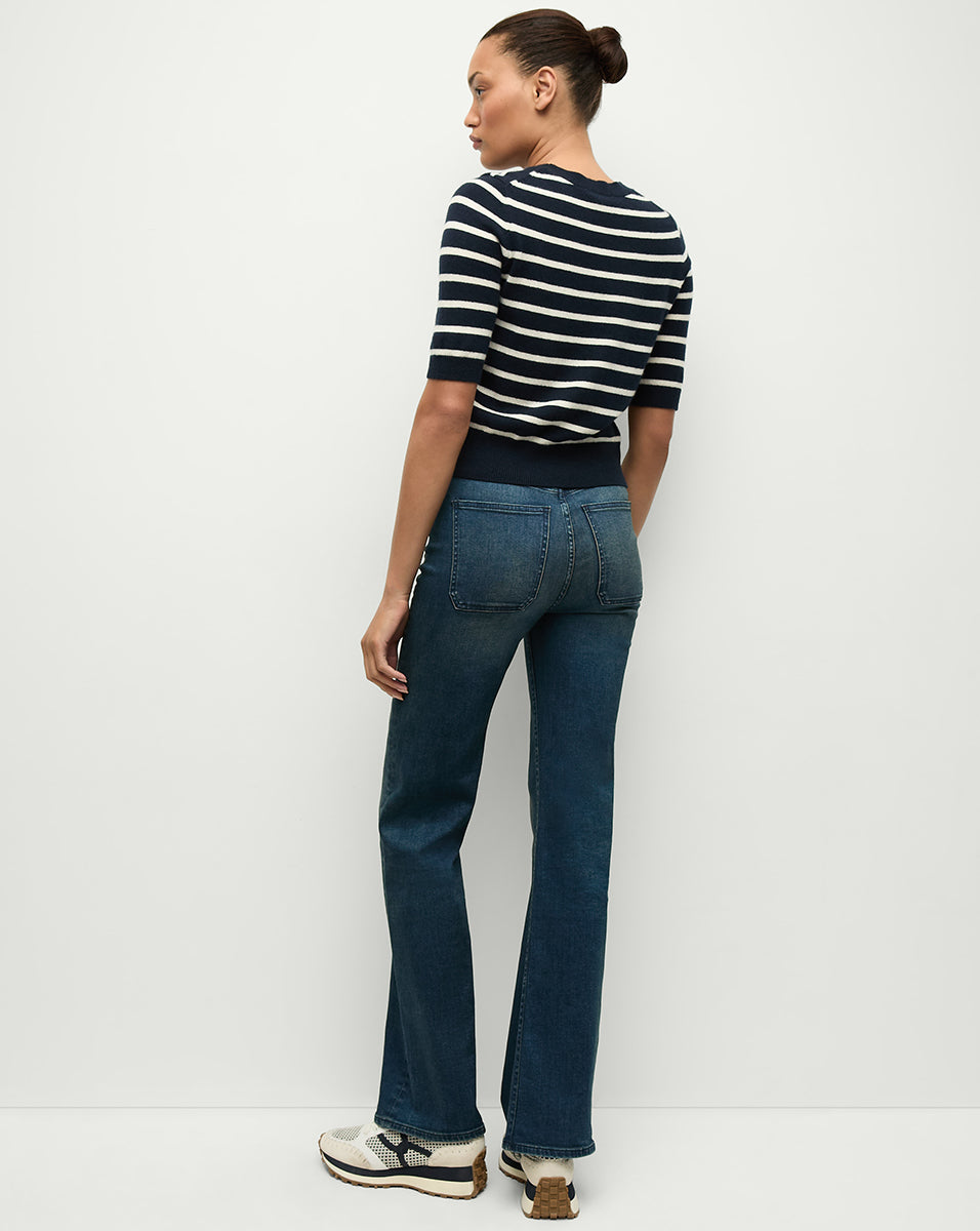 Shana Cashmere Striped Half Sleeve Sweater in Navy/Ivory