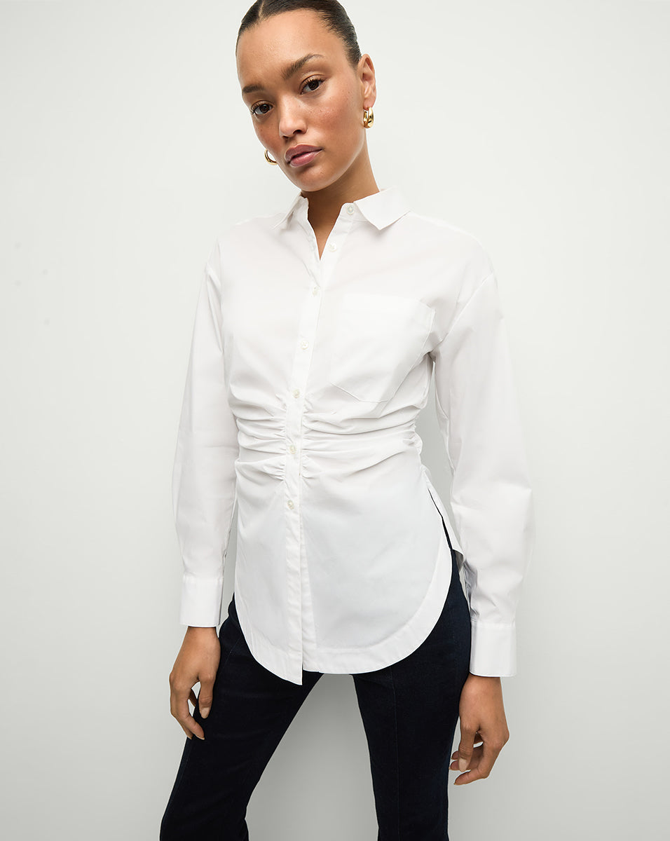 Bosco Ruched Shirt in White | Veronica Beard