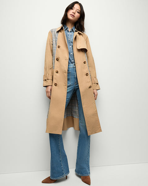ワンピース LYRICAL TIERED TRENCH COAT Liam Patchwork Plaid Trench Coat in Khaki | Veronica Beard