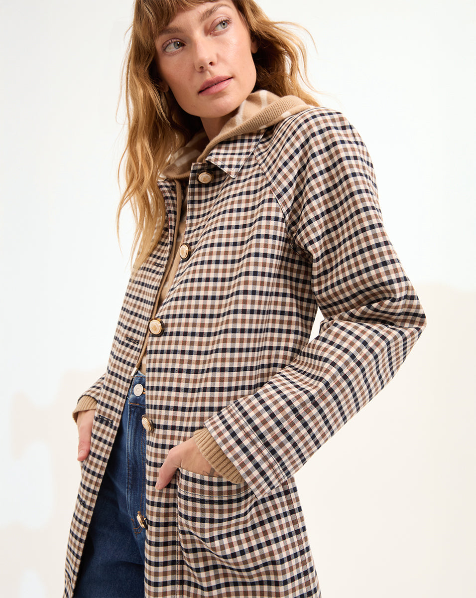 Quinton Long Coat in White & Brown Plaid | Veronica Beard
