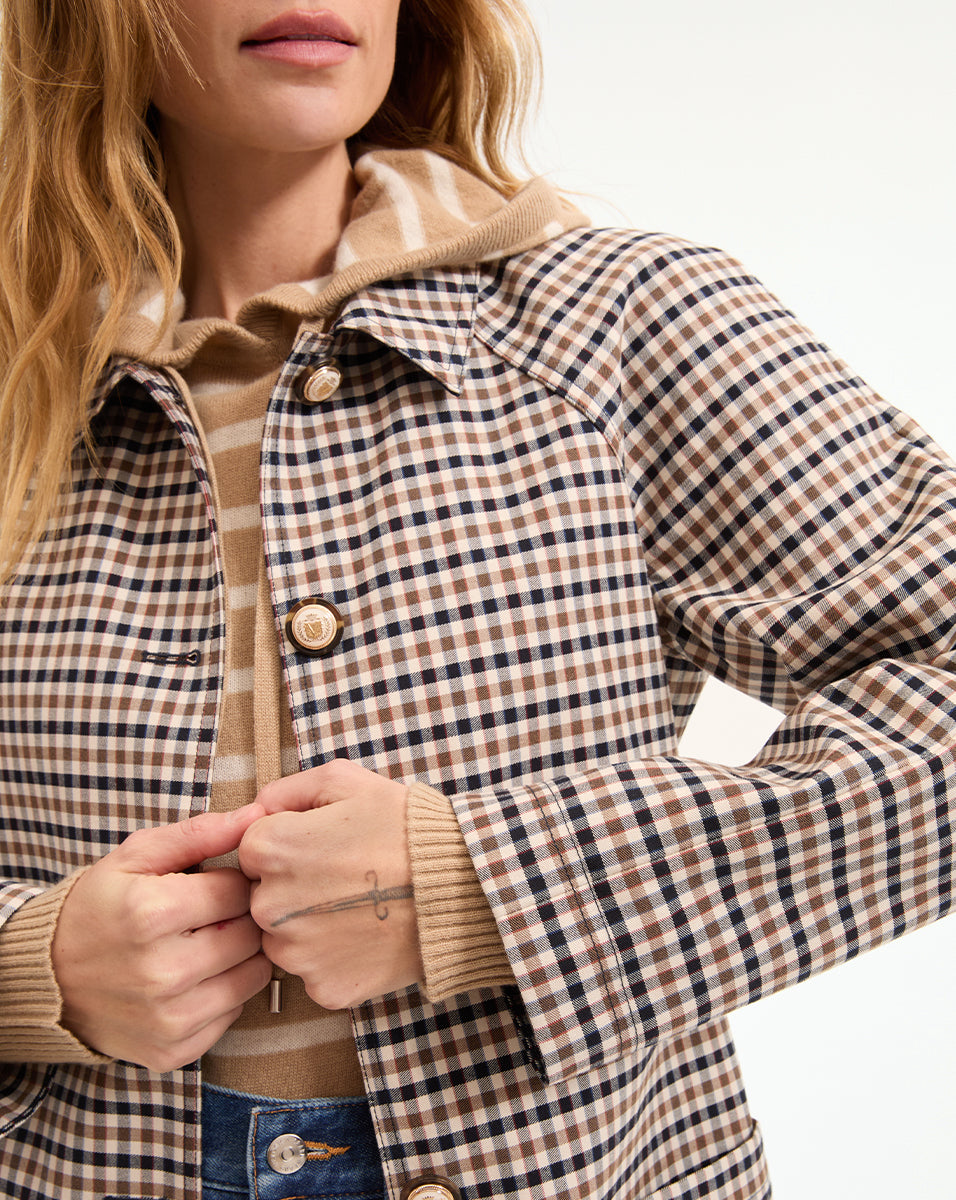 Quinton Long Coat in White & Brown Plaid | Veronica Beard