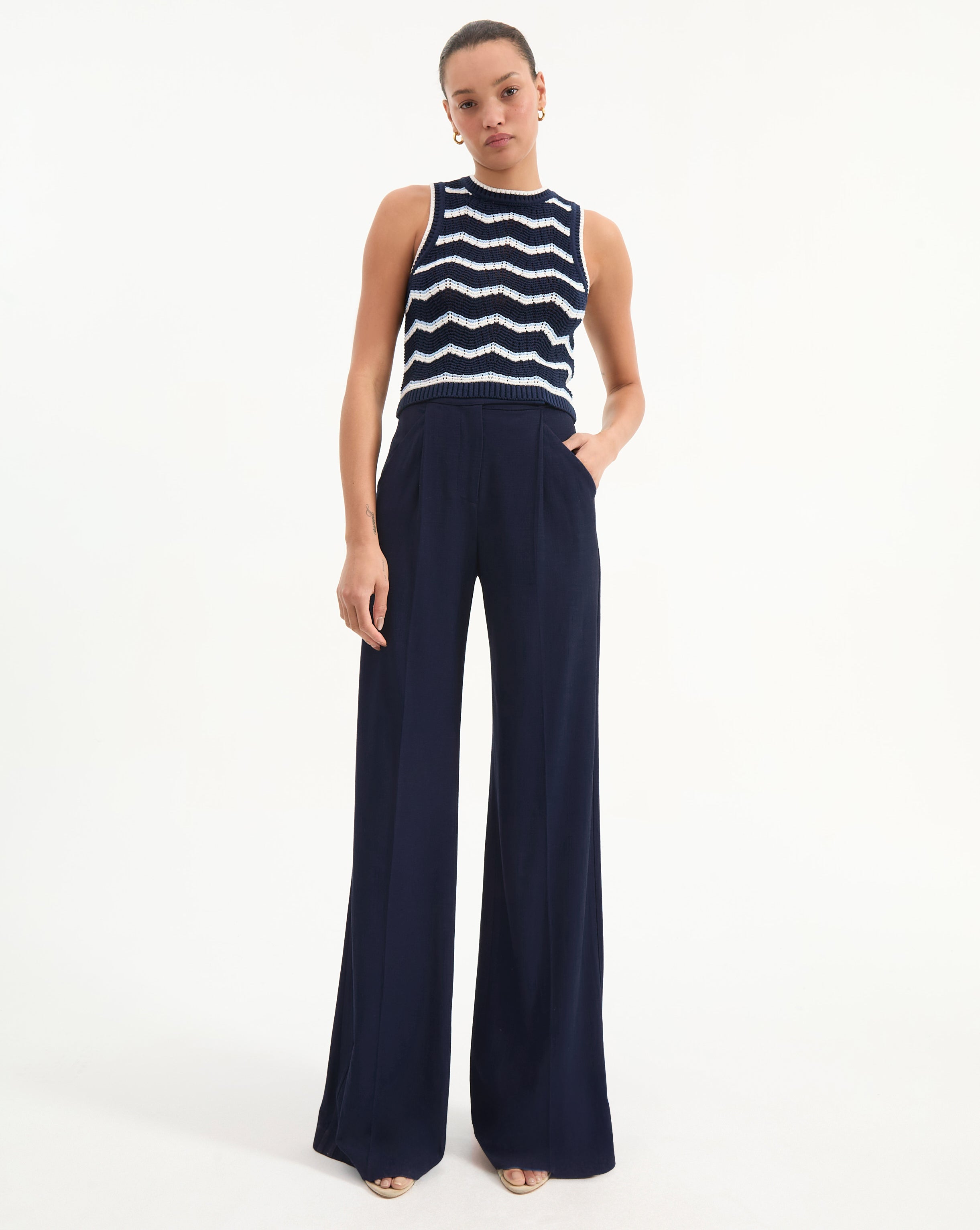 Jerrel Cropped Knit Tank in Navy/Off-White/Bluebell | Veronica Beard