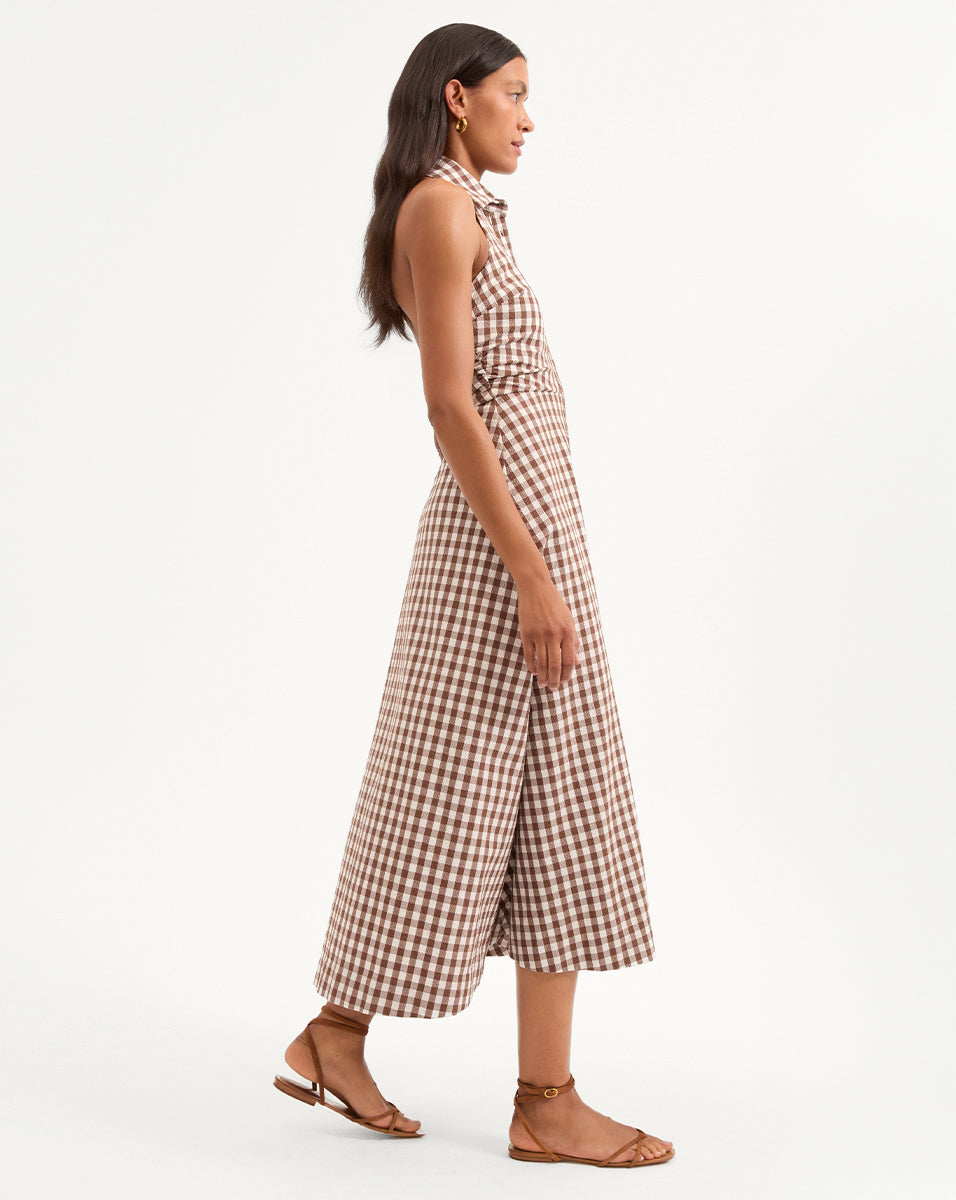 Mackey Gingham Seersucker Halter Dress in Light Chicory/Dove