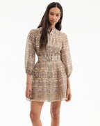 Veronica Beard Kumar Silk-Linen Mini Dress - Stone Khaki Multi