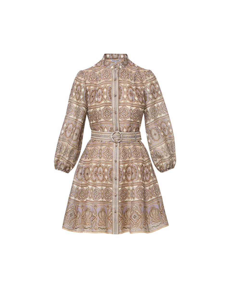 Veronica Beard Kumar Silk-Linen Mini Dress - Stone Khaki Multi