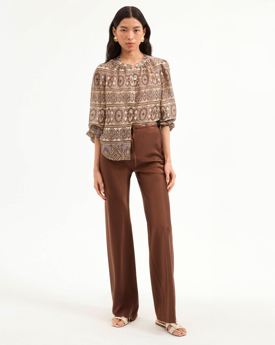 Veronica Beard Ashlynn Silk-Linen Blouse - Stone Khaki Multi