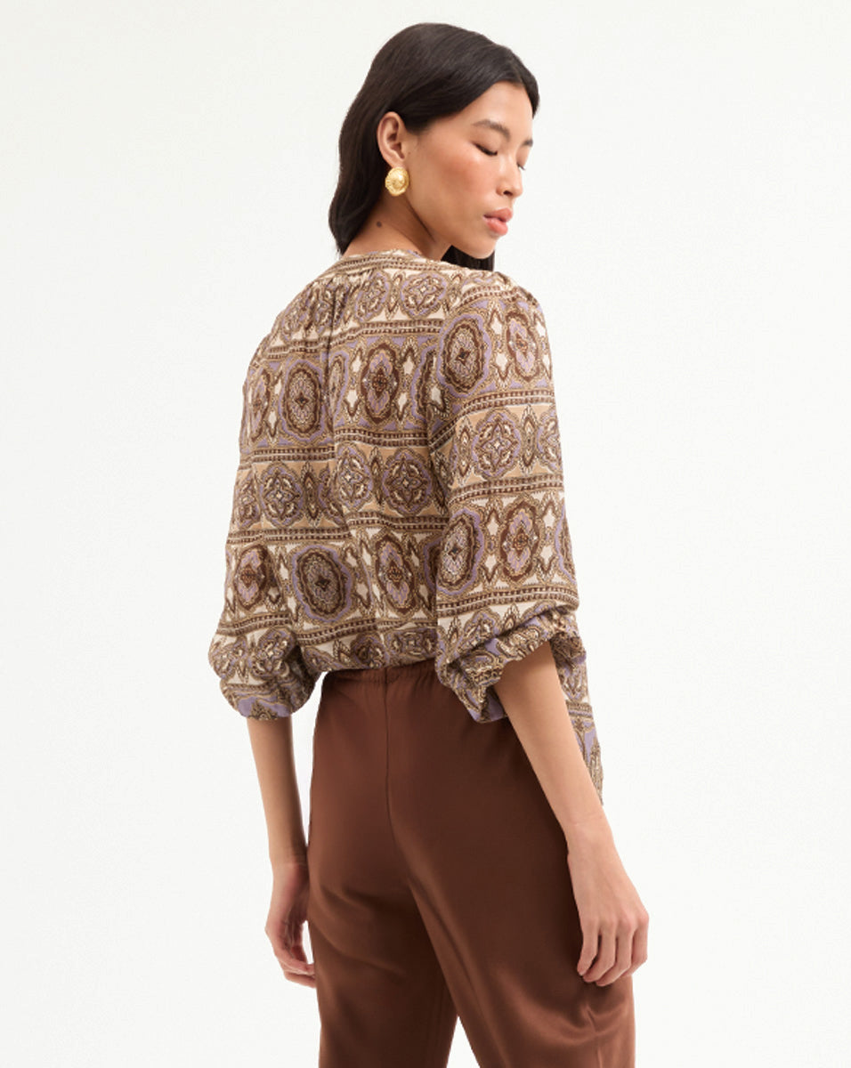 Veronica Beard Ashlynn Silk-Linen Blouse - Stone Khaki Multi
