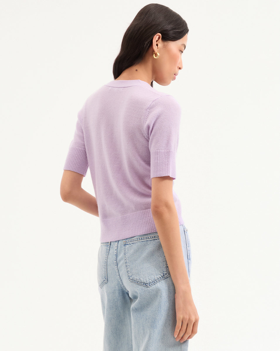 Solene Short-Sleeve Cashmere Cardigan in Soft Lilac | Veronica Beard