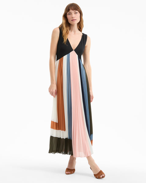 Nelly Pleated Maxi Dress in Dove Multi | Veronica Beard