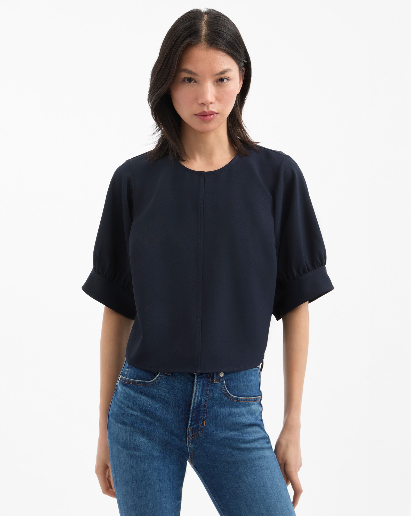 Margaret Balloon-Sleeve Blouse in Navy | Veronica Beard