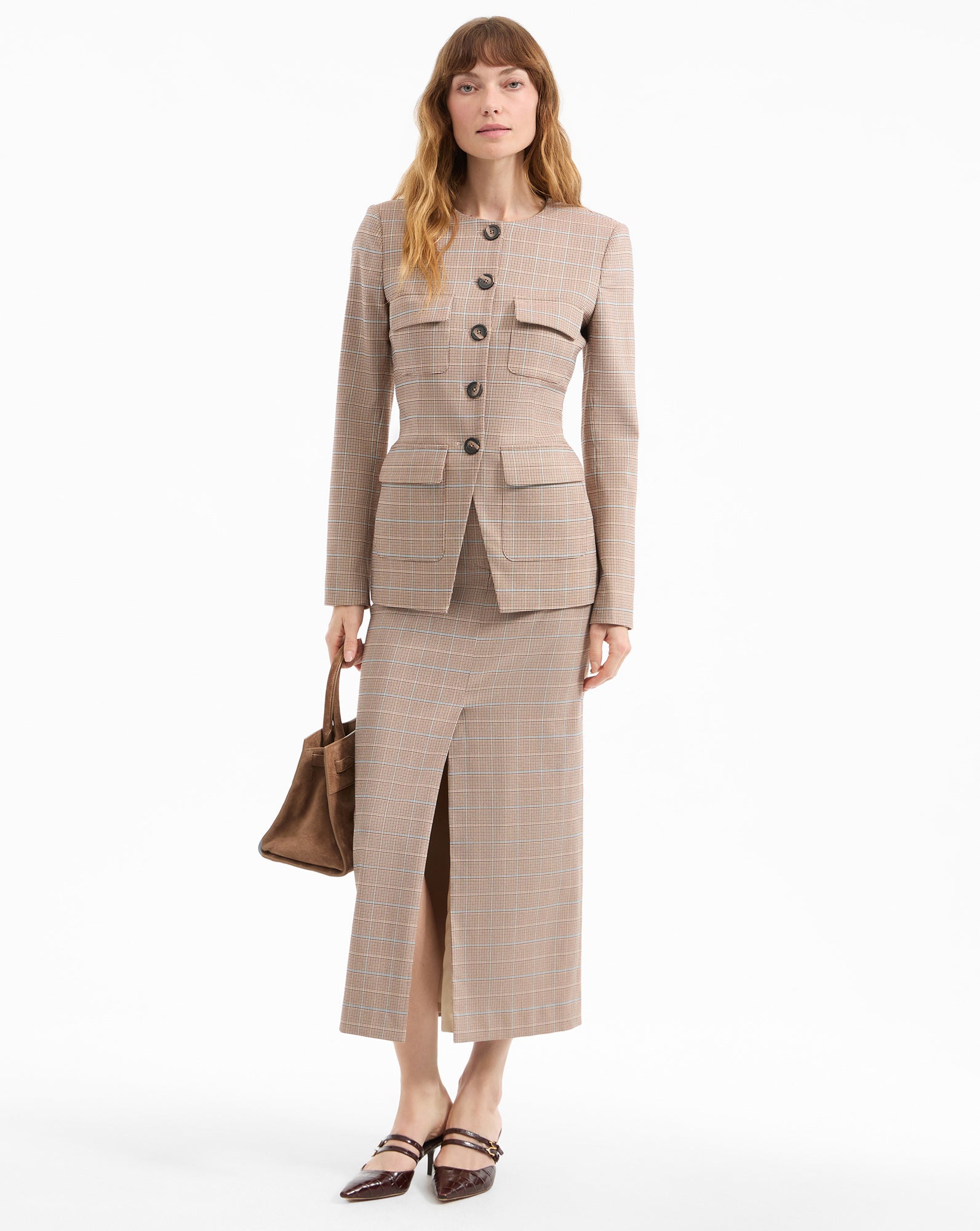 Maxine Midi Skirt in Light Brown & Blue Plaid | Veronica Beard