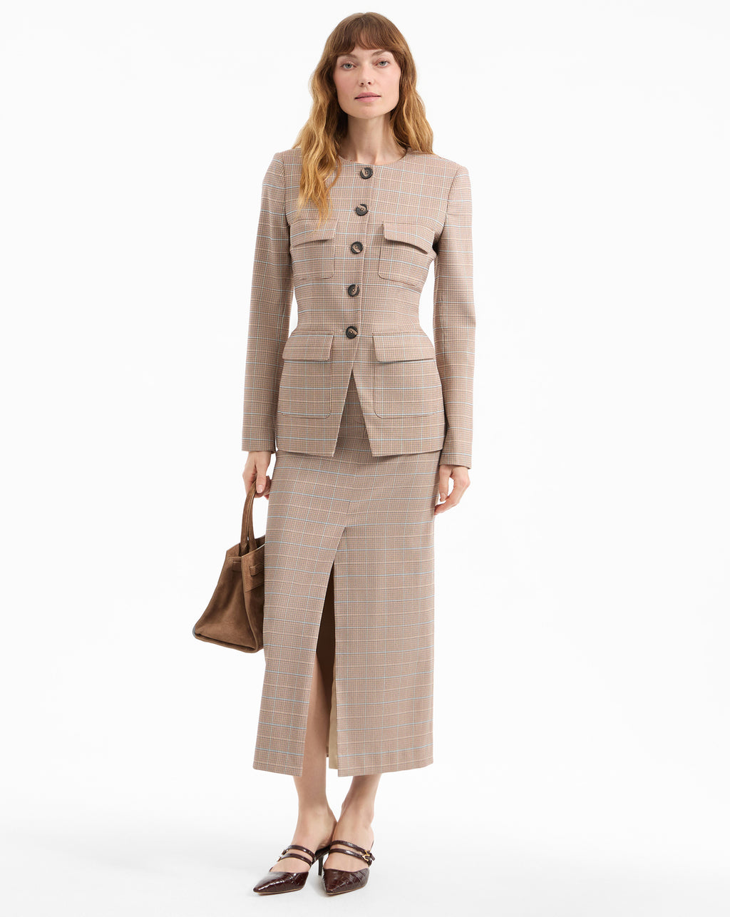 Veronica Beard Maxine Plaid Midi Skirt - Hazelnut Multi