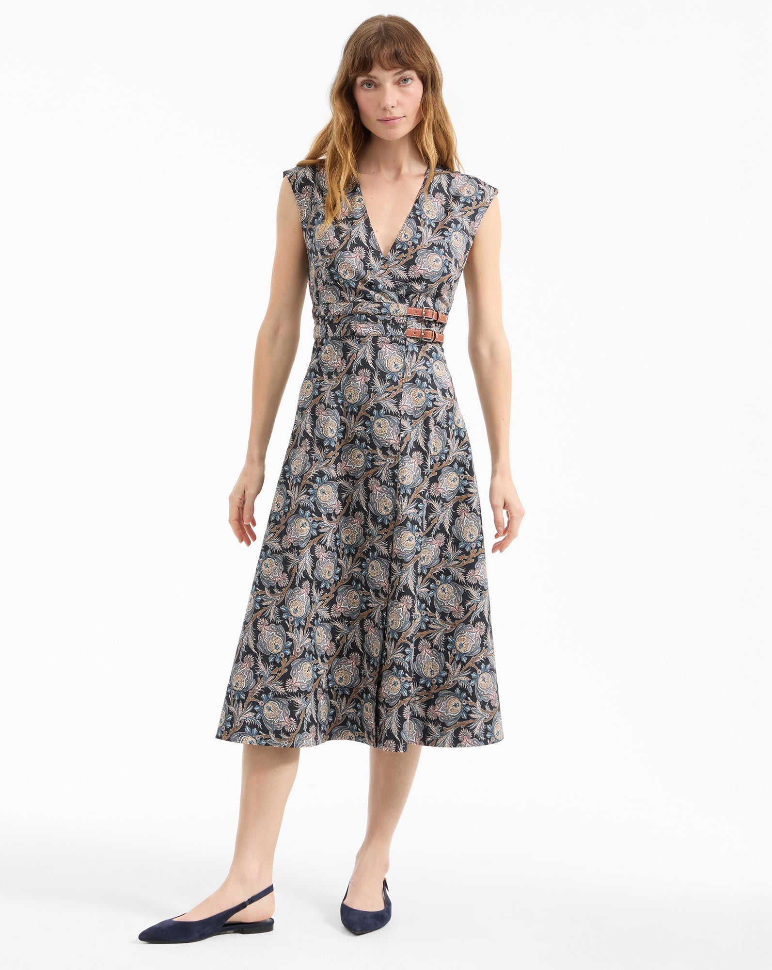 Nilsen Belted Midi Dress in Black & Blue Floral | Veronica Beard