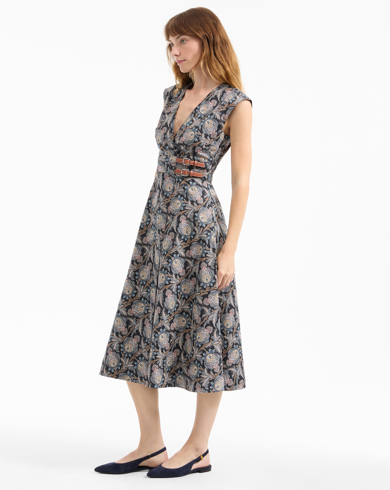 Nilsen Belted Midi Dress in Black & Blue Floral | Veronica Beard