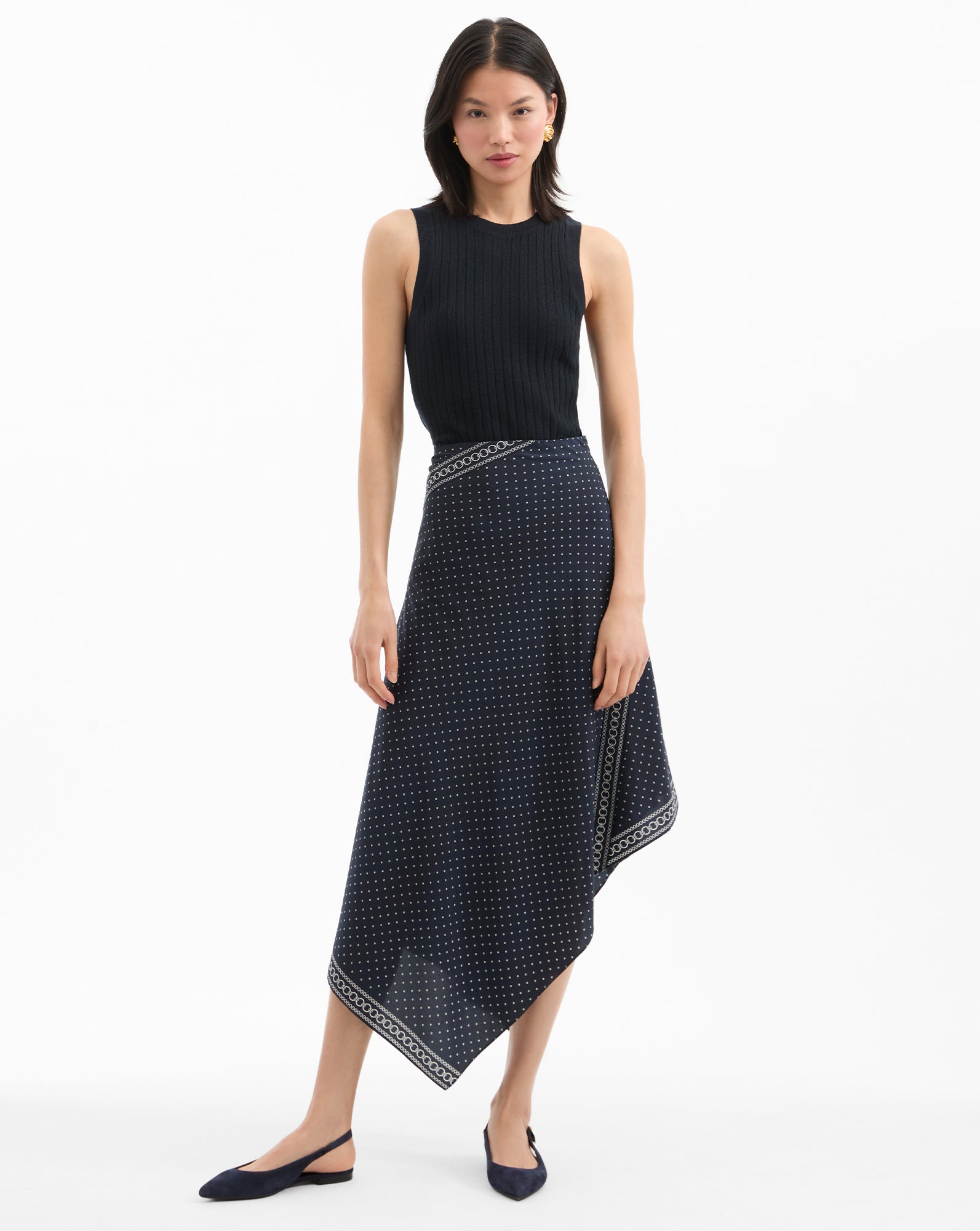 Hartley Asymmetrical Skirt in Navy Polka Dots | Veronica Beard