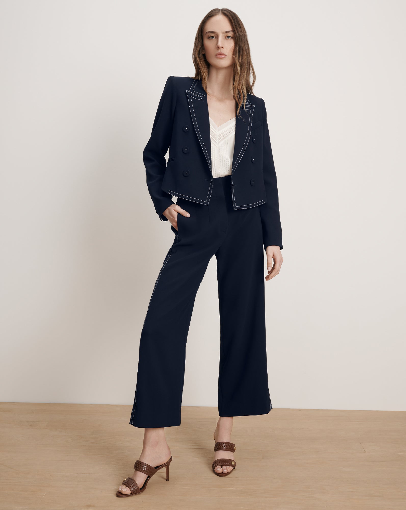 Veronica Beard Ellin Cropped Wide-Leg Pant - Navy