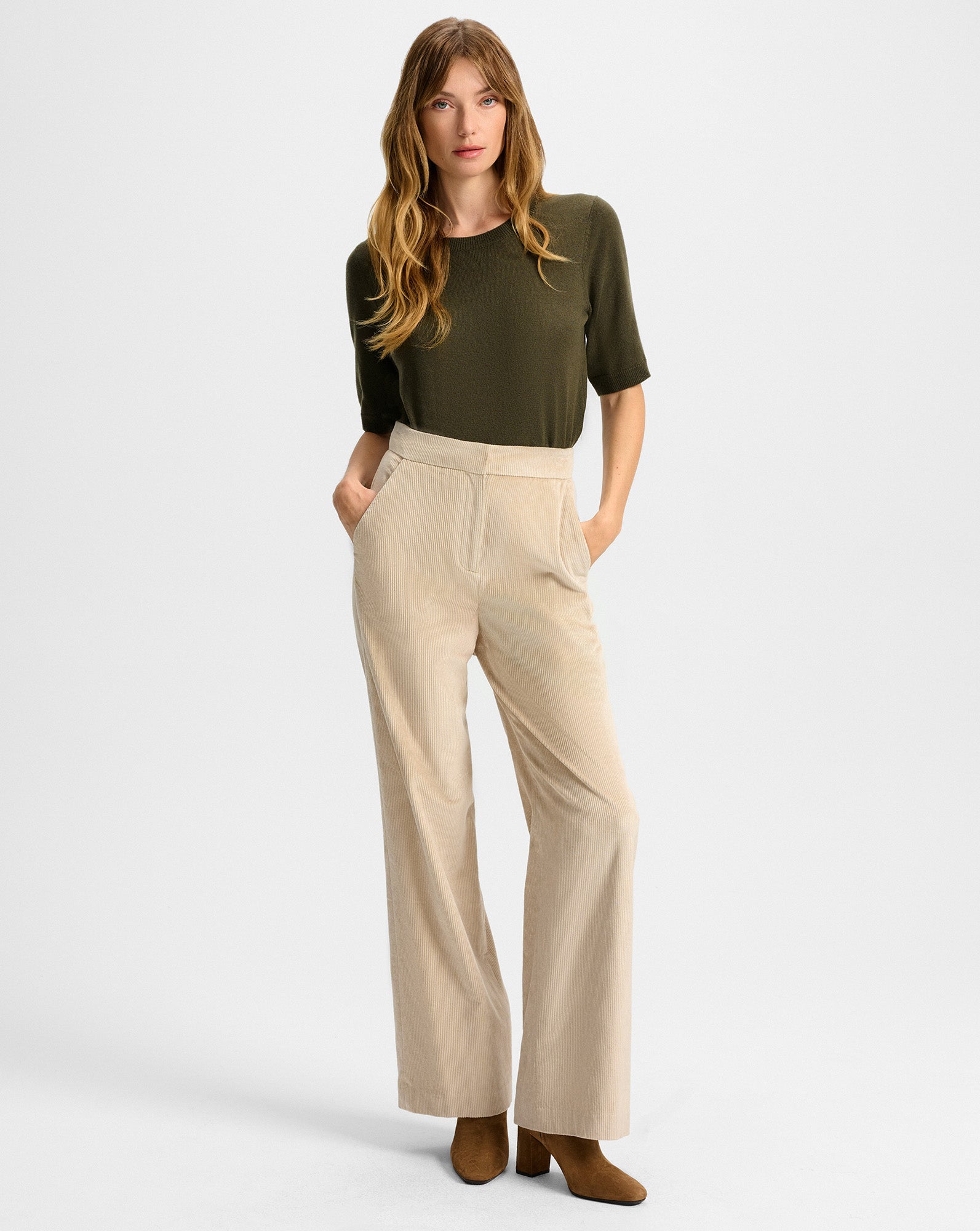 Grigore Corduroy Wide-Leg Pant in Heathered Sand Beige | Veronica