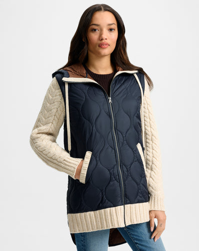 Veronica Beard Barrows Knit-Sleeve Quilted Jacket - Navy/Heathered Sand