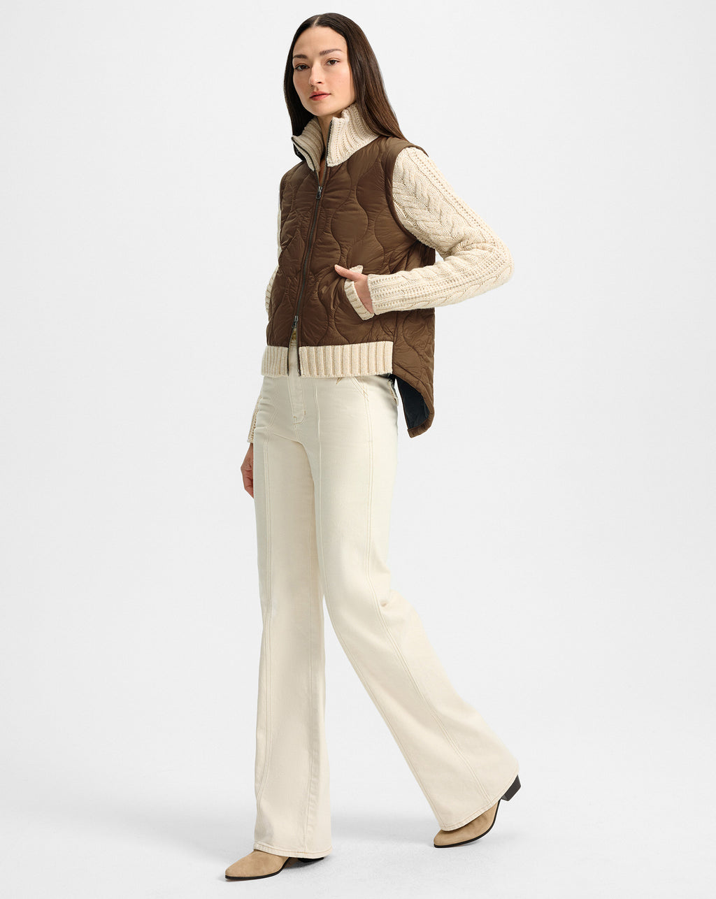 Veronica Beard Patra Knit-Sleeve Quilted Jacket - Mocha/Heathered Sand