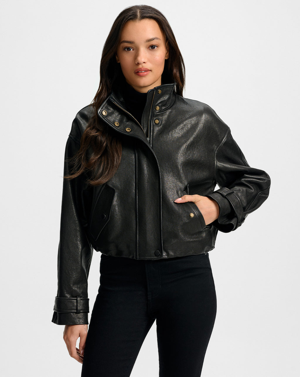 Veronica Beard Bateman Cropped Leather Jacket - Black