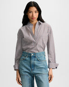 Veronica Beard Draymond Striped Cuff-Sleeve Shirt - Navy/Brandy Multi