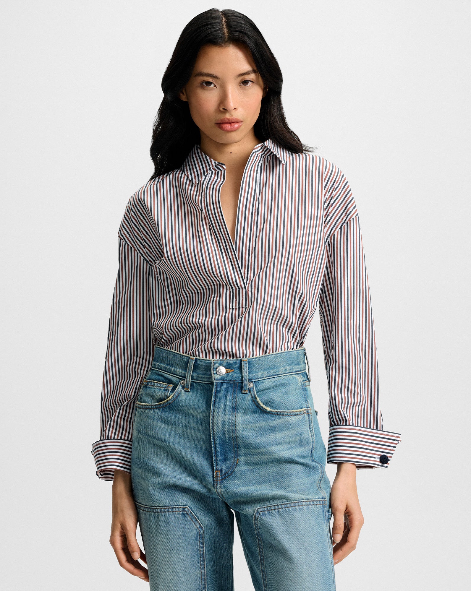 Veronica Beard Draymond Striped Cuff-Sleeve Shirt - Navy/Brandy Multi