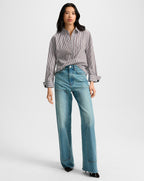 Veronica Beard Draymond Striped Cuff-Sleeve Shirt - Navy/Brandy Multi