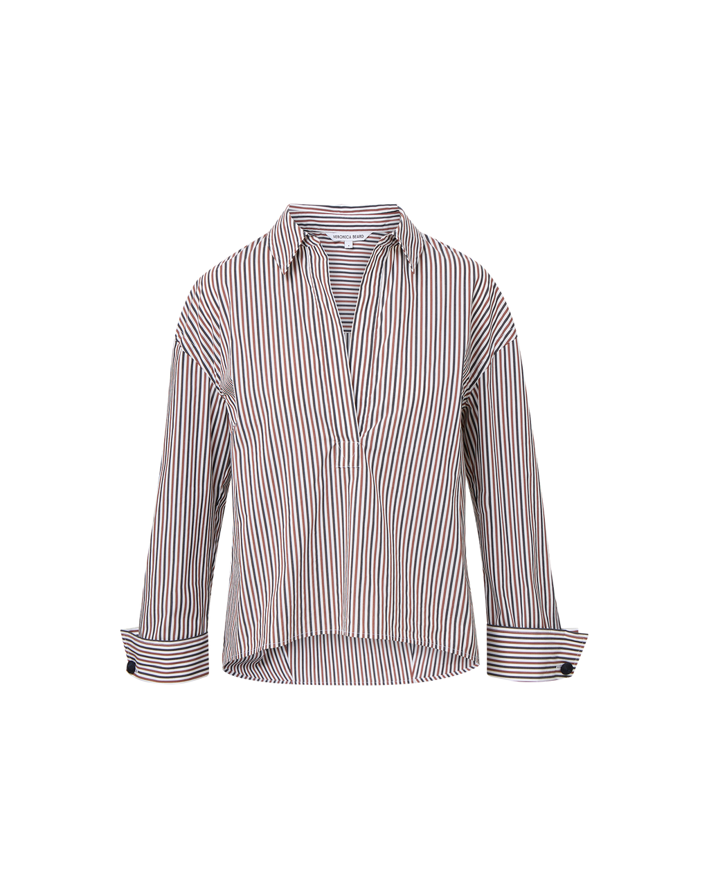 Veronica Beard Draymond Striped Cuff-Sleeve Shirt - Navy/Brandy Multi