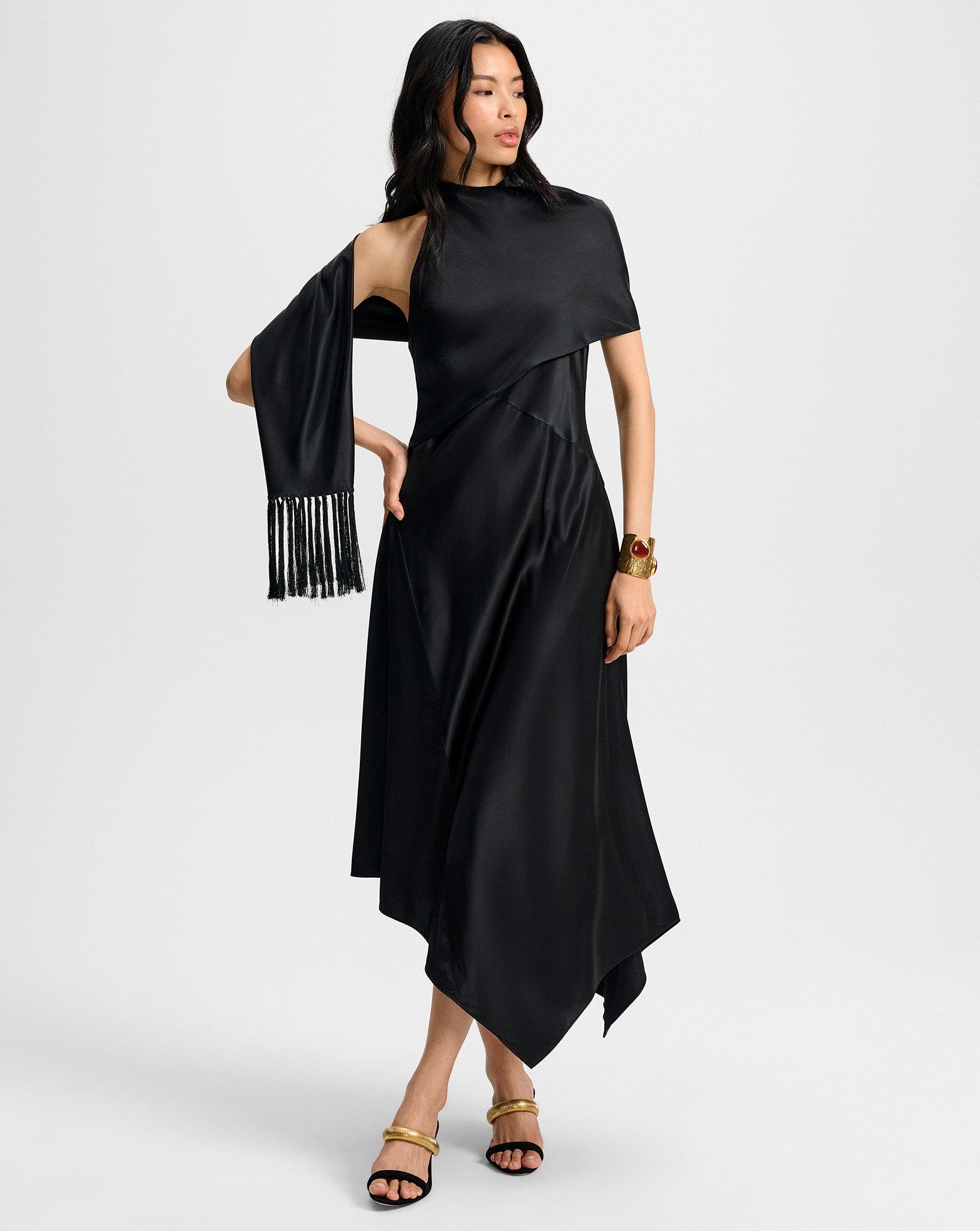 Wyndham Asymmetric Silk Midi Dress in Black | Veronica Beard