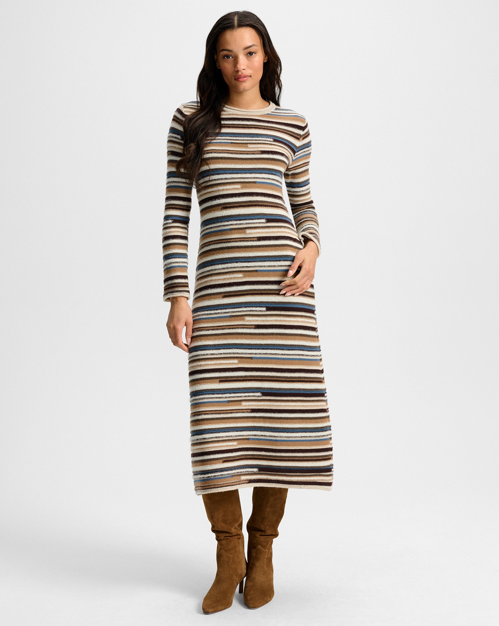 Sanders Knit Maxi Dress in Brown, Blue & White Stripes Dark Acorn