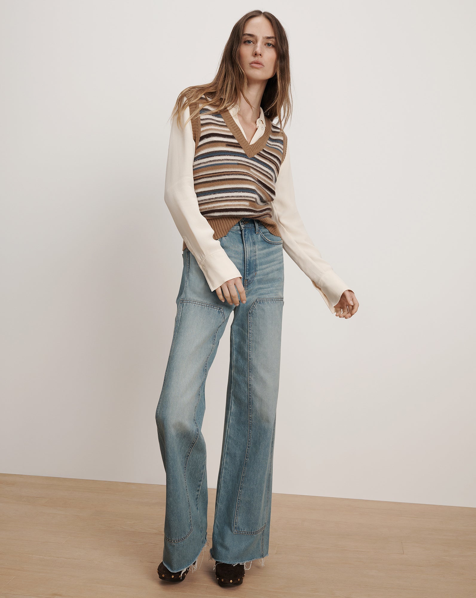 Helenka Wool Sweater Vest in Brown, Blue & White Stripes Dark