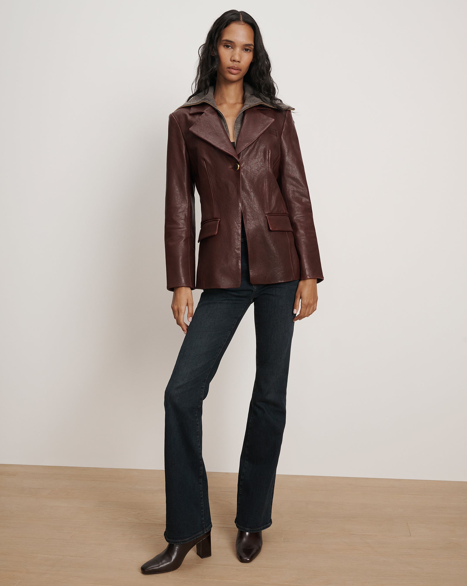 Veronica Beard Kessler Leather Dickey Jacket - Raisin