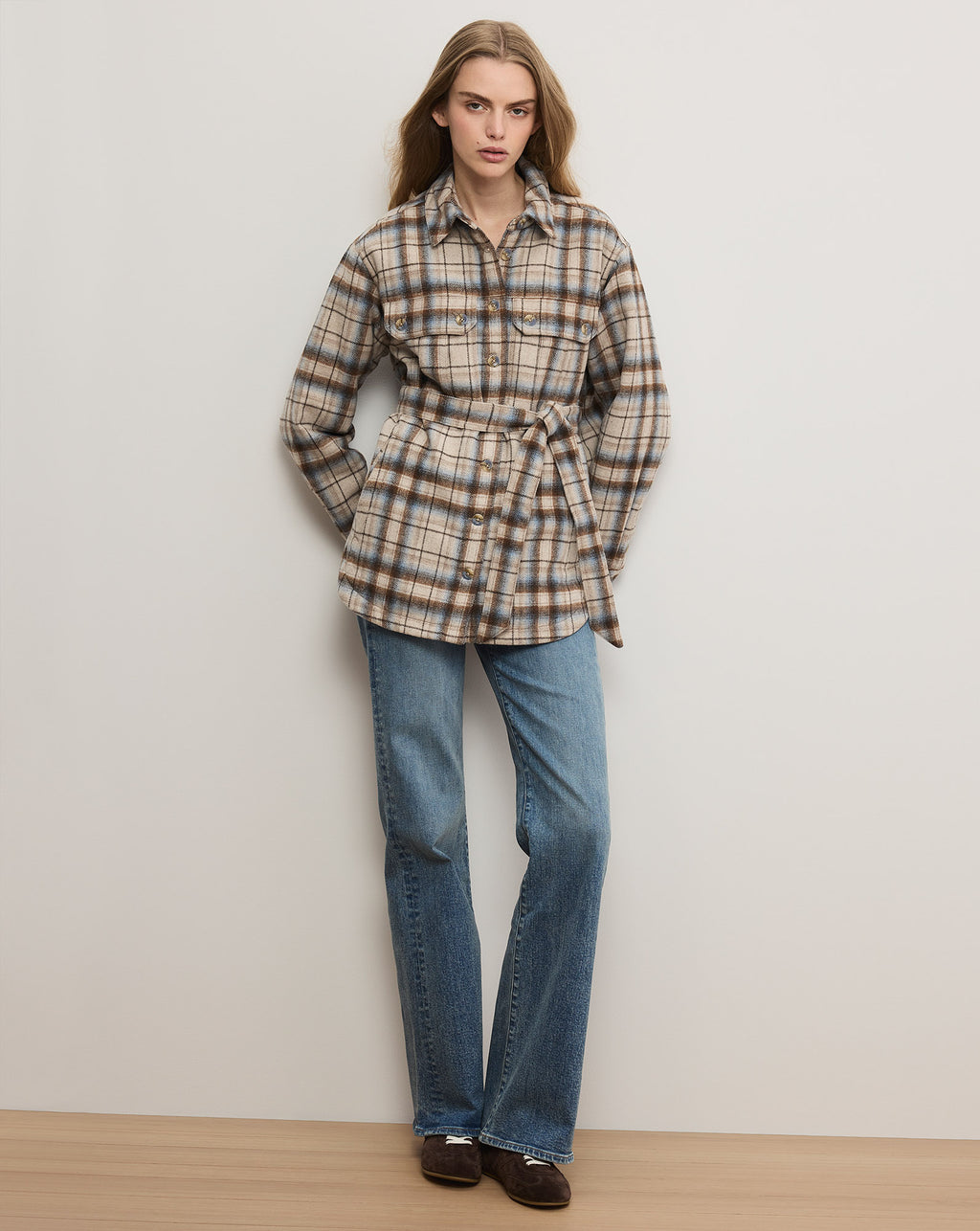 Veronica Beard Mikaela Belted Shacket - Whisky Multi Plaid