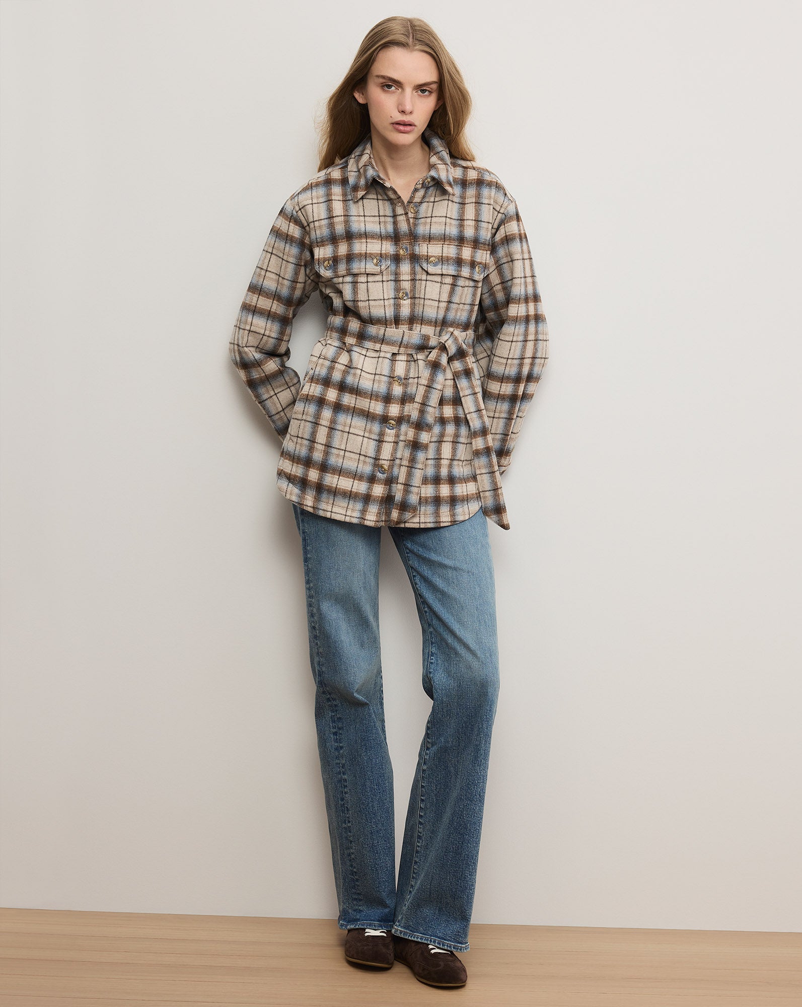 Veronica Beard Mikaela Belted Shacket - Whisky Multi Plaid