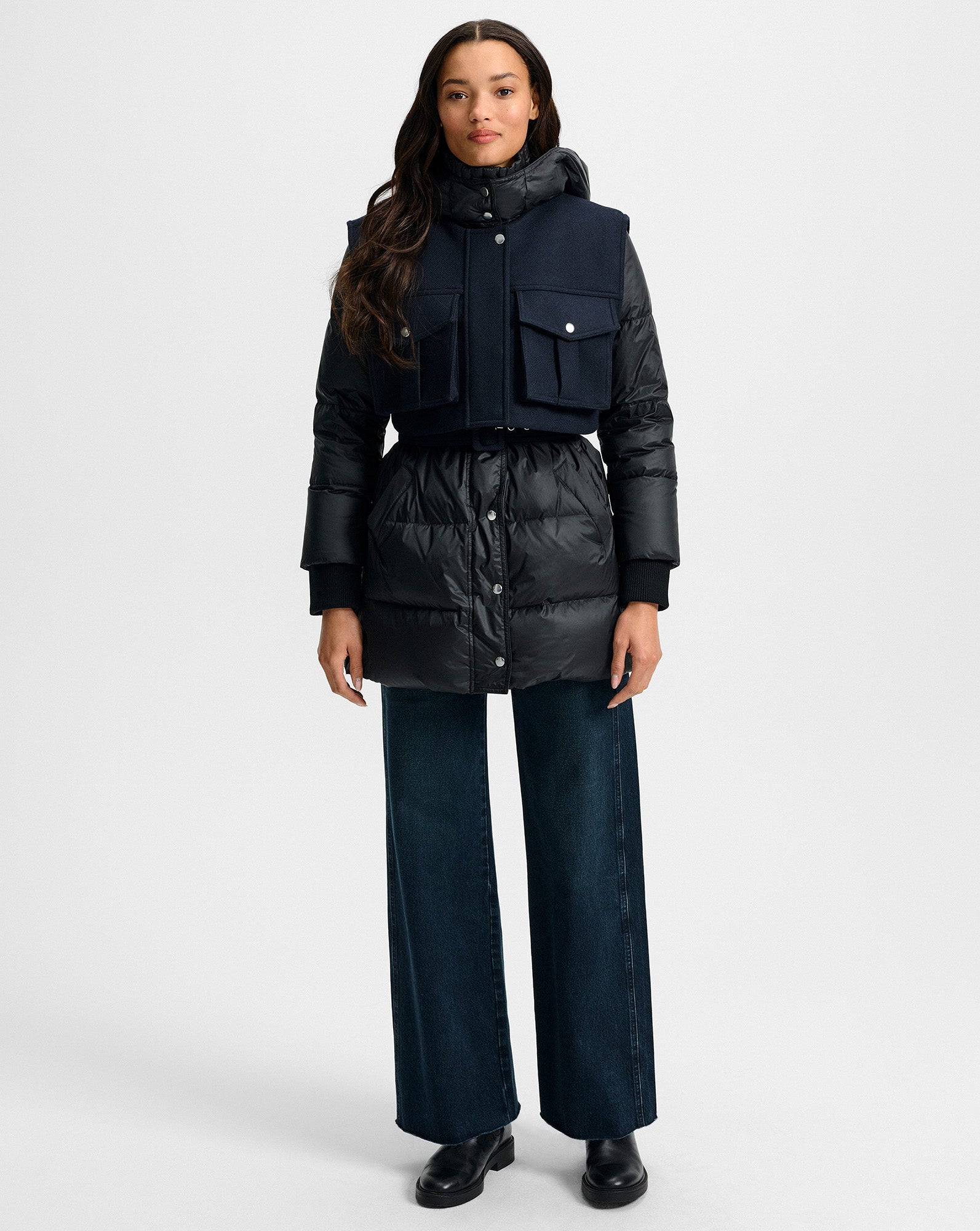 Jarvis Layered Puffer Coat in Black & Navy | Veronica Beard