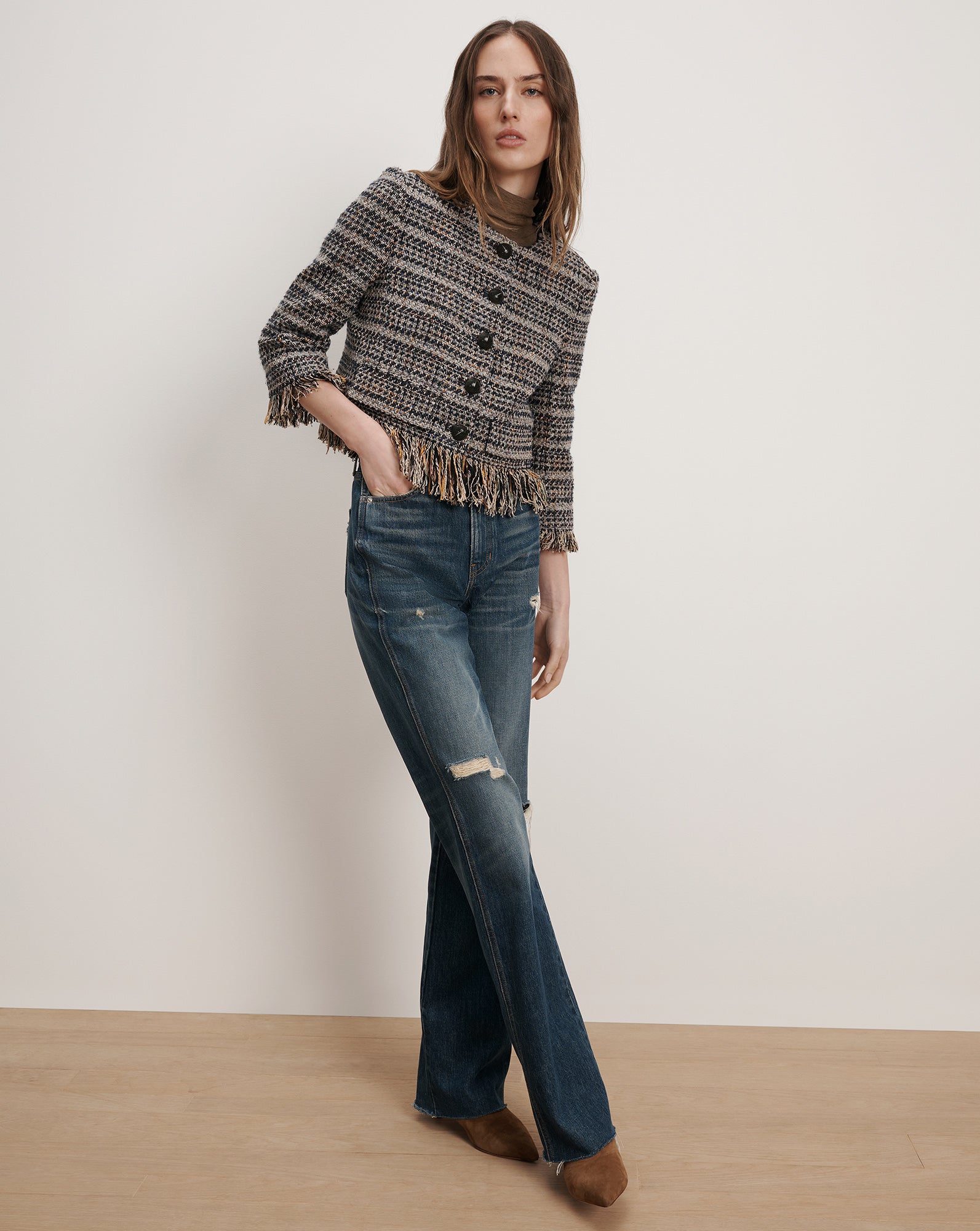 Lyons Fringe Jacket in Navy Tweed Multi | Veronica Beard