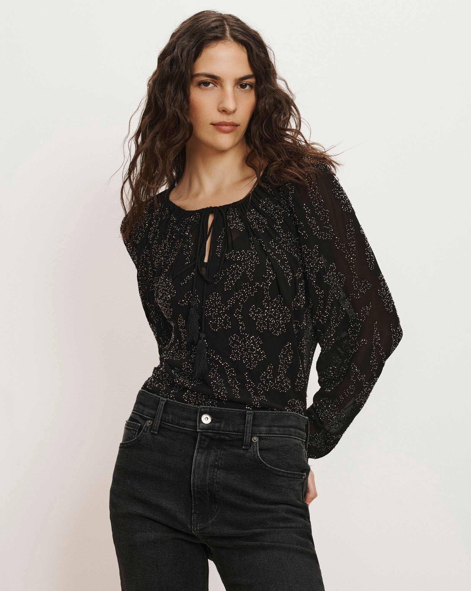 Marlena Beaded Long-Sleeve Blouse in Black | Veronica Beard