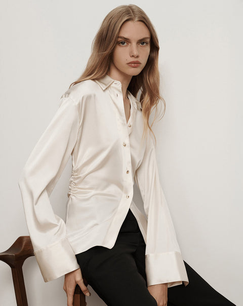 white silk dress shirt Shiona Stretch-Silk Rouched Blouse in Off-White Dove White