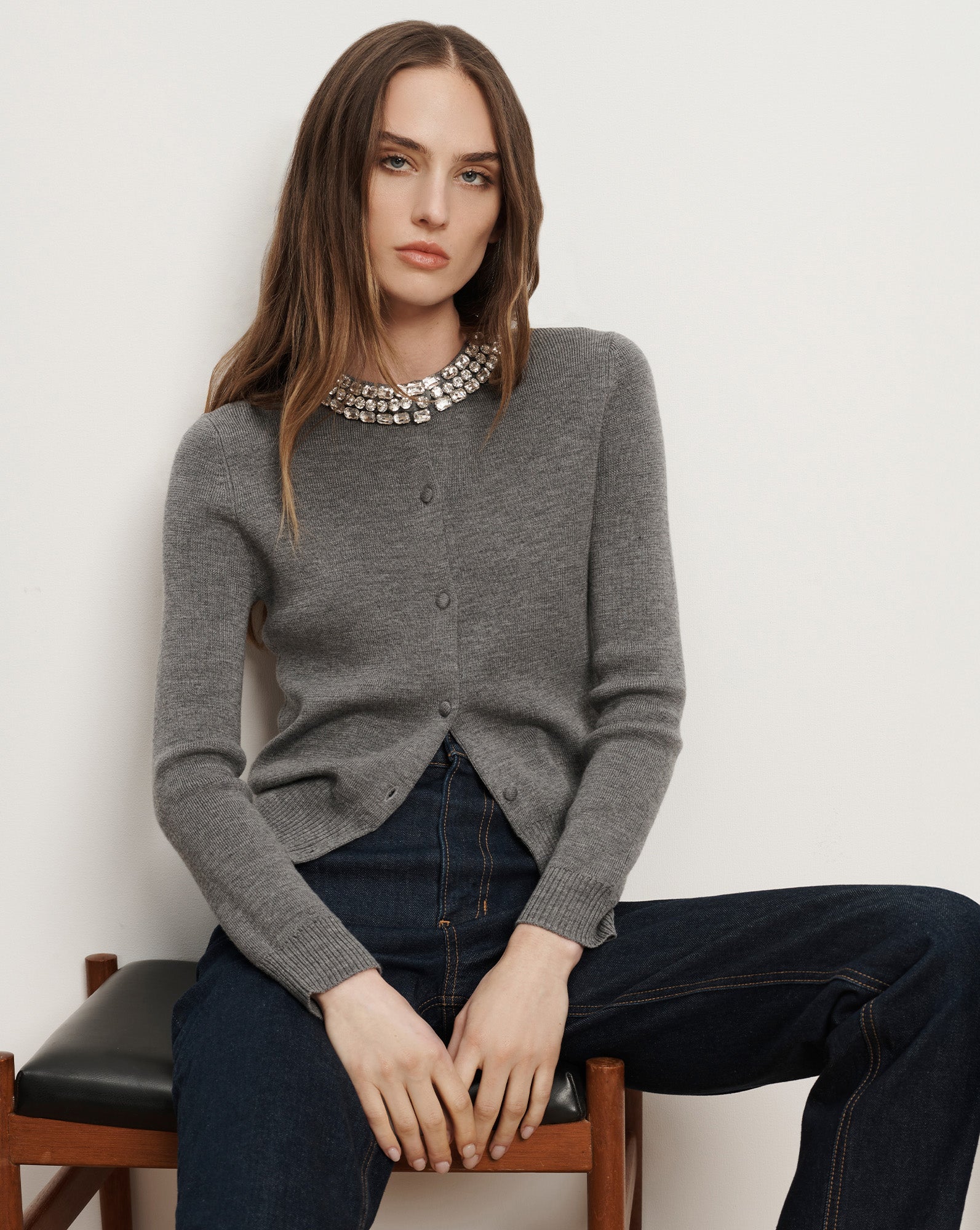 Daro Crystal Embellished Cardigan in Dark Heather Grey | Veronica