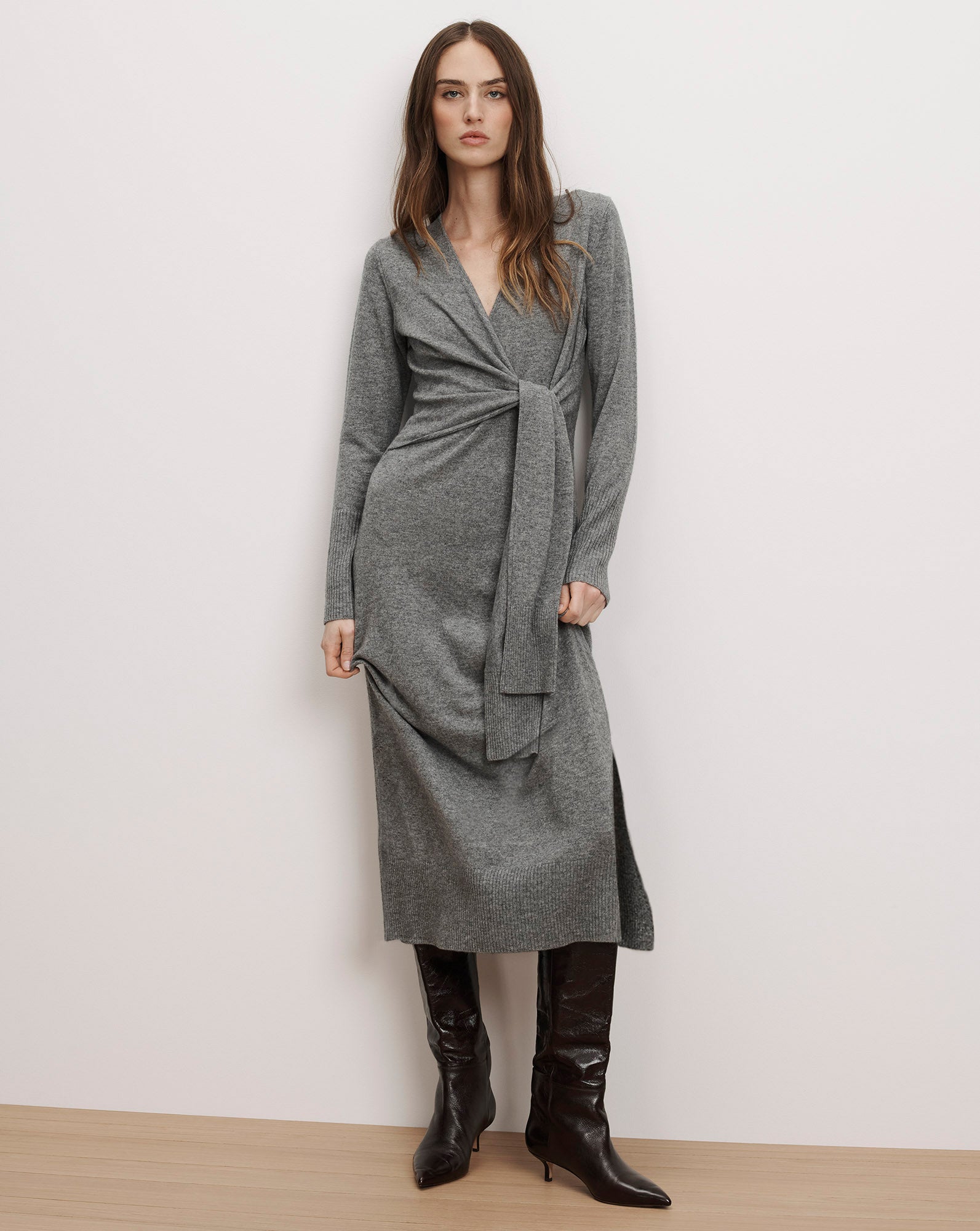 veronica beard grey dress Salomez Wrap Midi Dress in Medium Heather Grey