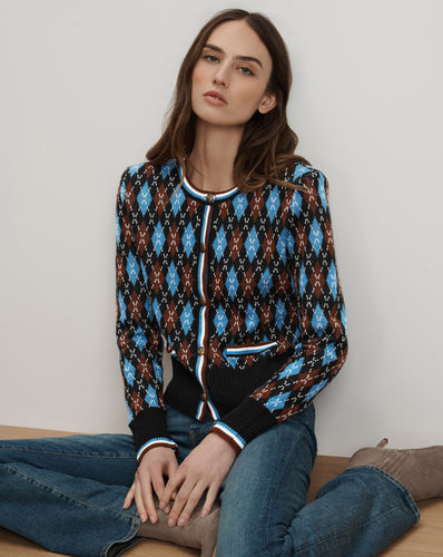 Veronica Beard Sylvane Argyle Cardigan - Black Multi