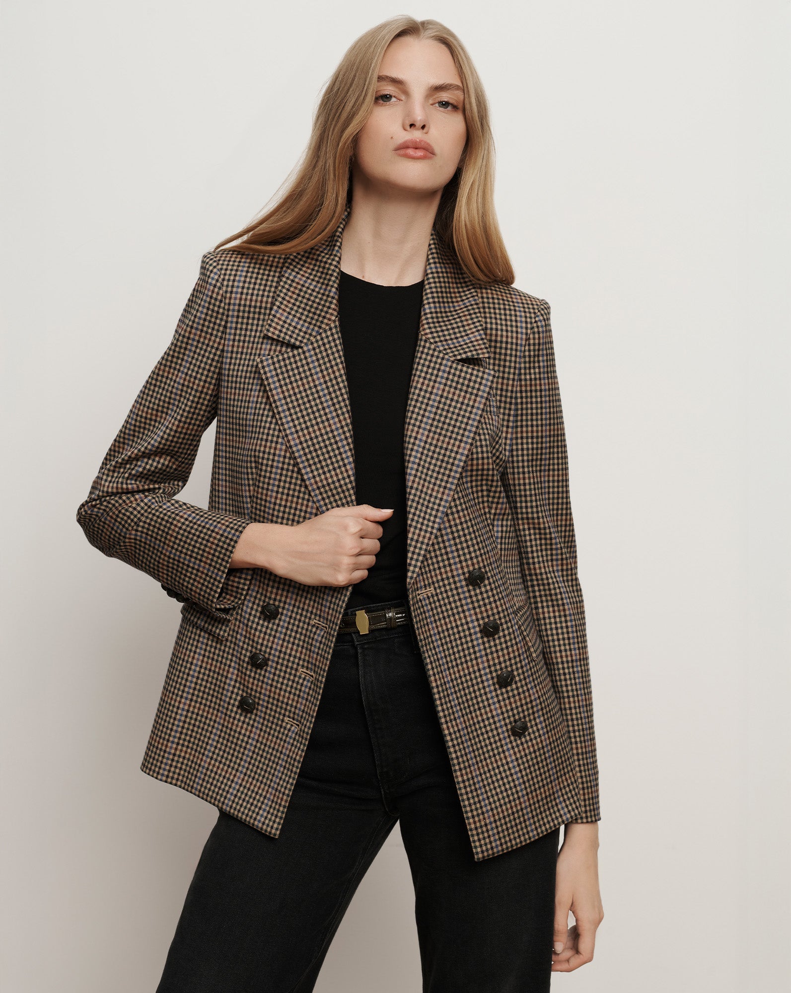 Claude Dickey Double-Breasted Jacket in Brown Houndstooth Russet
