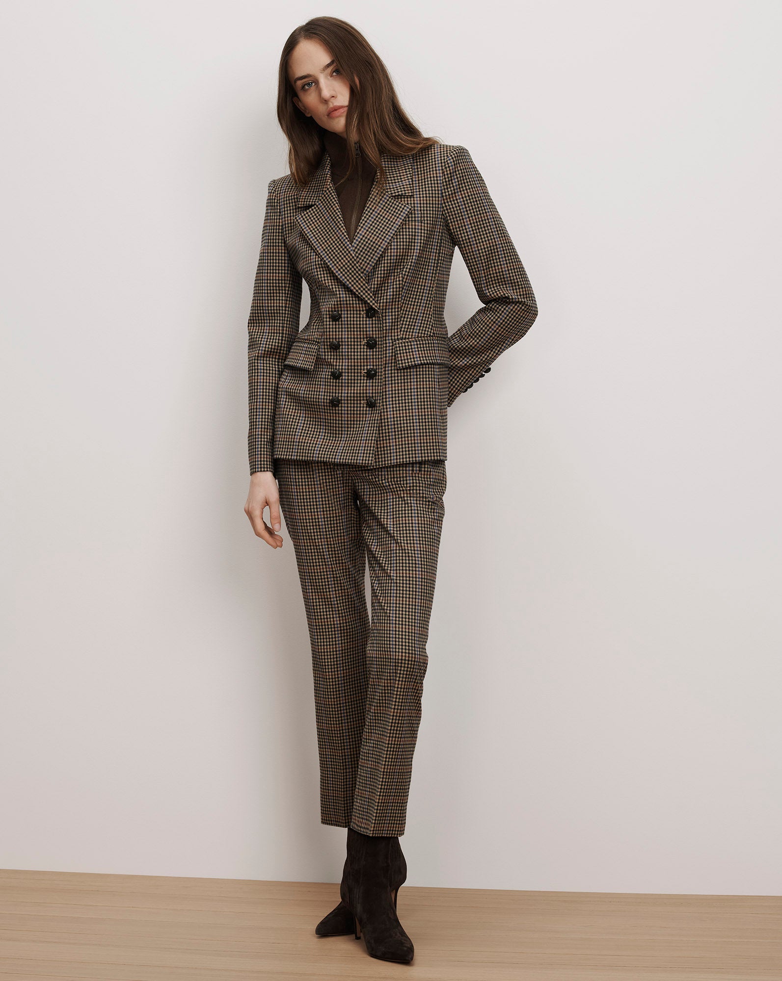 Claude Dickey Double-Breasted Jacket in Brown Houndstooth Russet