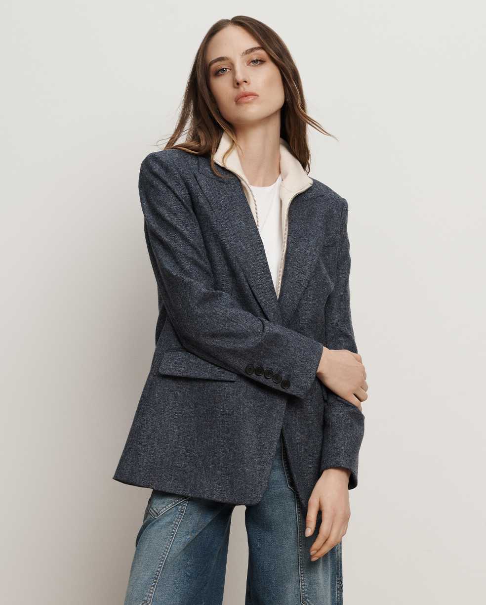 Vega Wool Dickey Single-Breasted Jacket in Blue Melange | Veronica