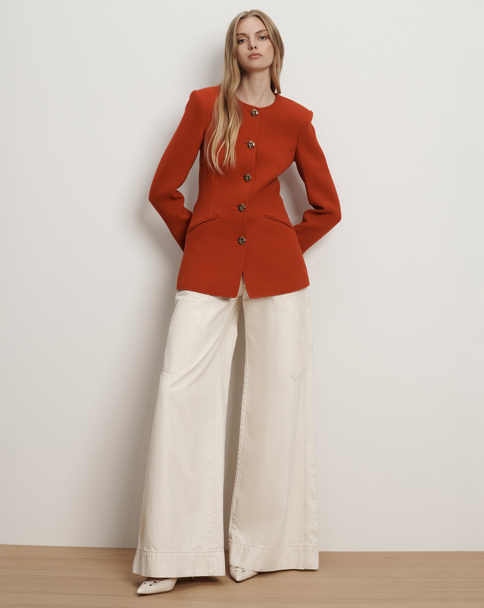 Jessup Tailored Collarless Jacket in Carnelian Red | Veronica Beard
