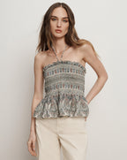 Veronica Beard Damsey Smocked Halter Top - Ecru Multi