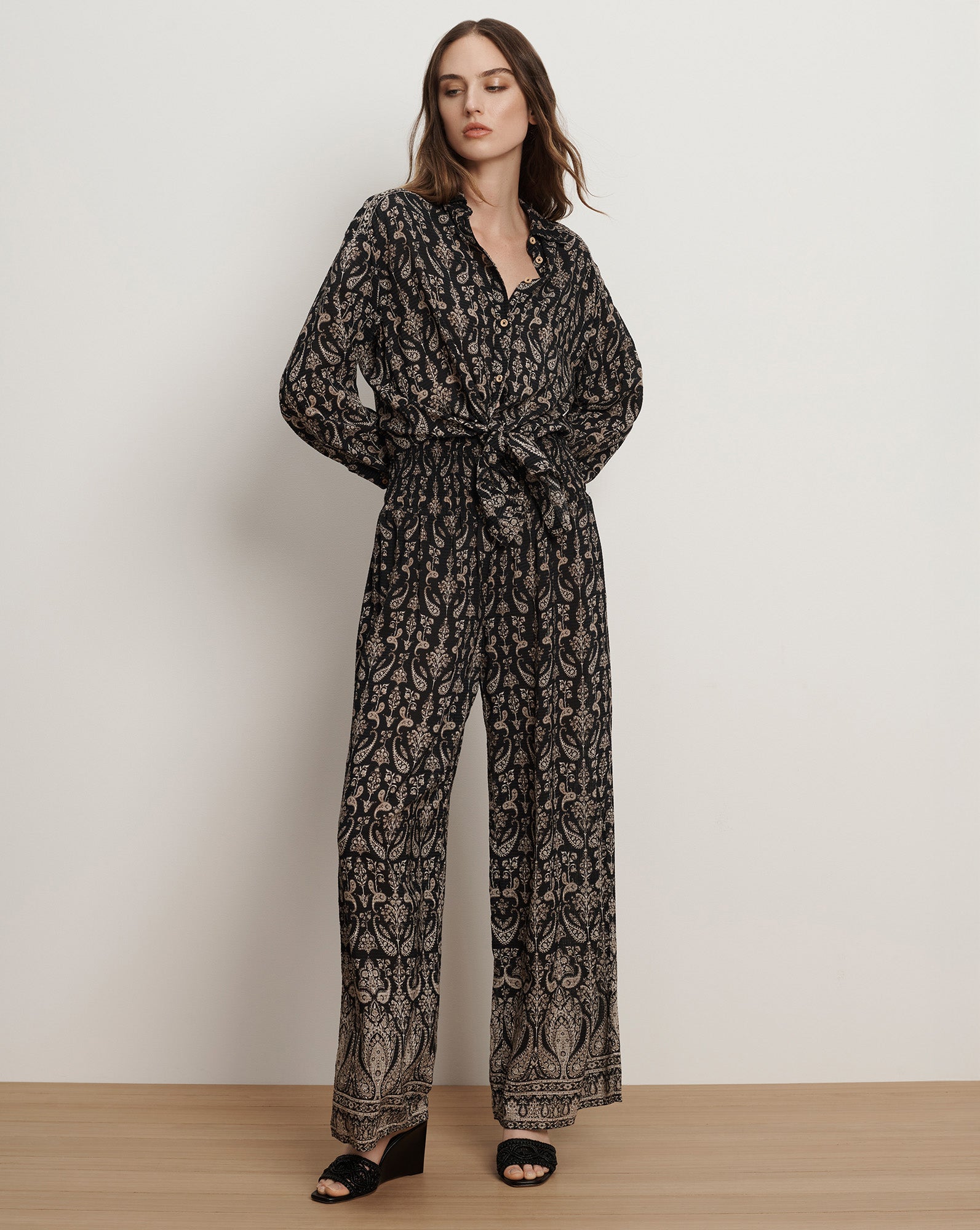Veronica Beard Callaway Smocked Wide-Leg Pant - Black Multi
