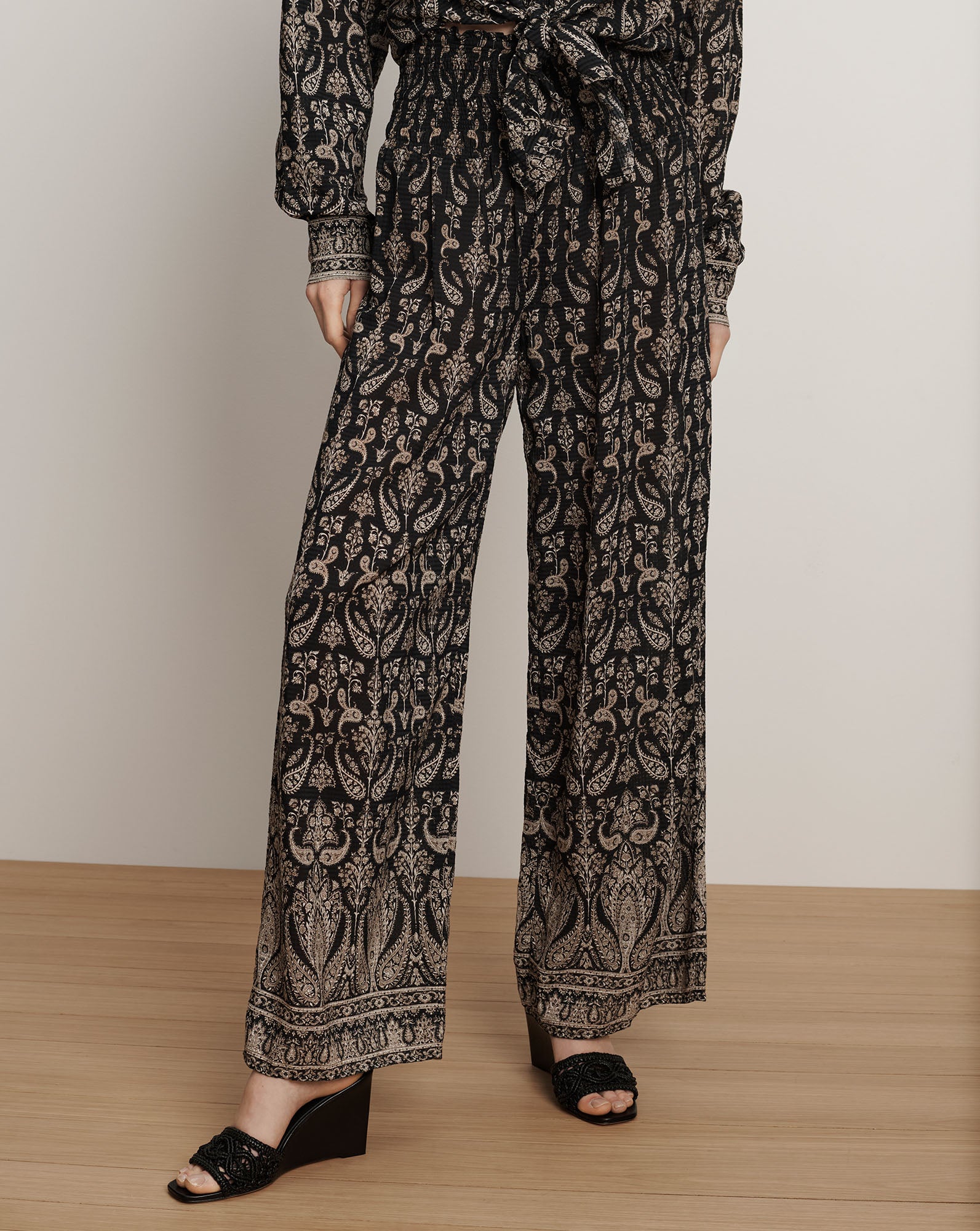 Callaway Smocked Wide-Leg Pant in Black Paisley Multi | Veronica Beard