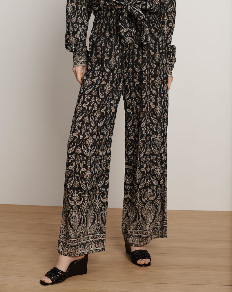 Veronica Beard Callaway Smocked Wide-Leg Pant - Black Multi