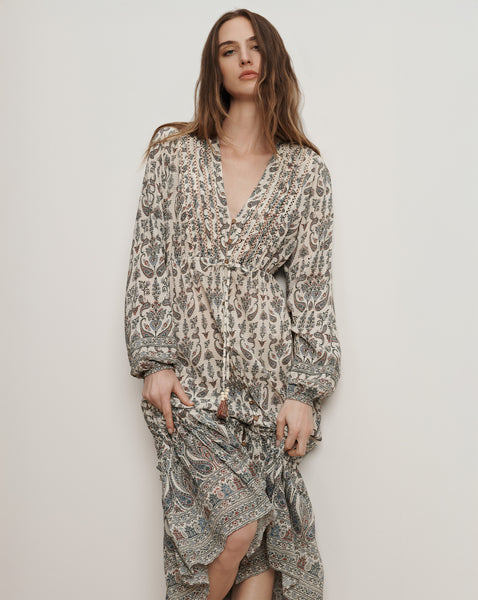 Vani Paisley V-Neck Midi Dress in Ecru Multi | Veronica Beard